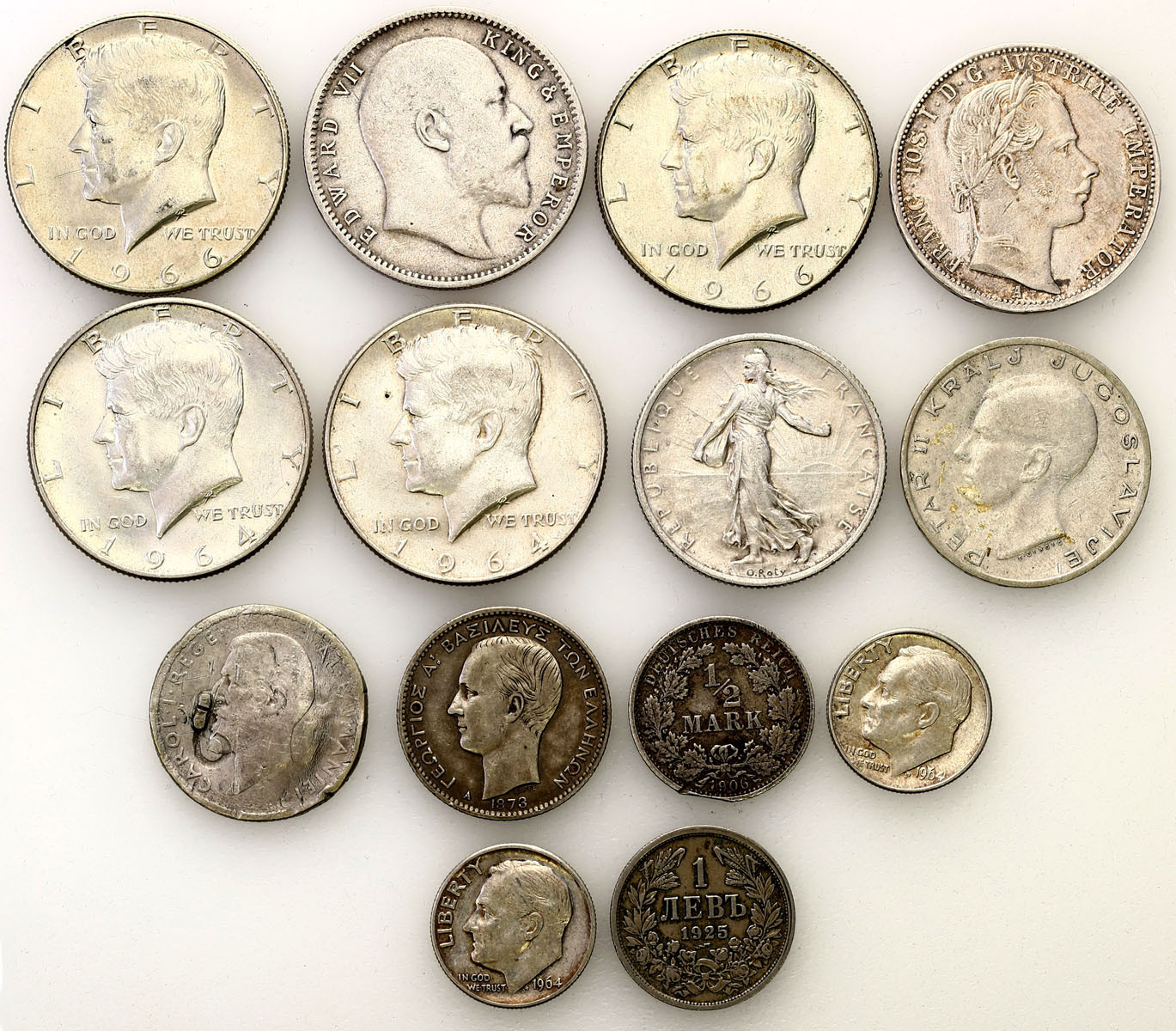 Świat - USA, Niemcy, Węgry, Jugosławia, Francja, zestaw 14 monet srebrnych